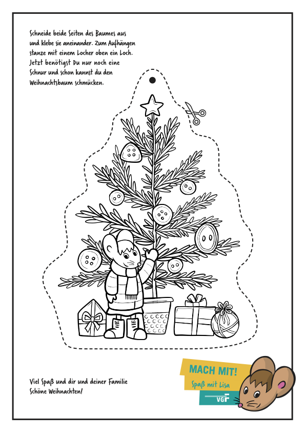 VGF-Malvorlage für Weihnachten mit Lisa der Maus und einem Weihnachtsbaum