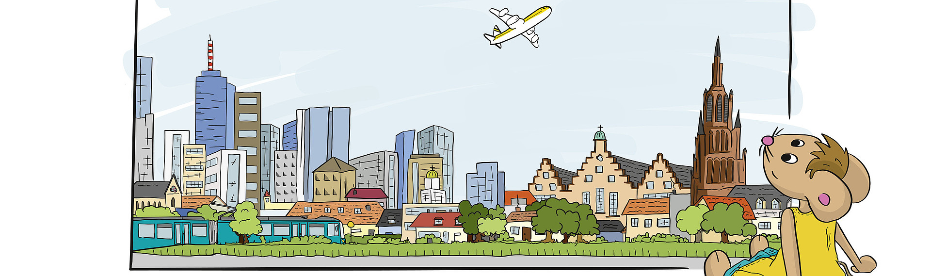 Zeichentrickgrafik mit Lisa der Maus und dem Stadtbild von Frankfurt am Main