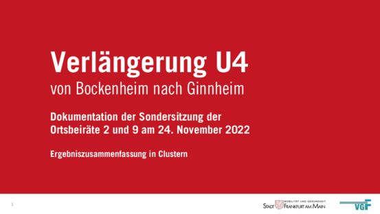 Rotes Bild mit weißem Text: Verlängerung U4 von Bockenheim nach Ginnheim