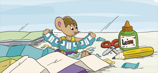 Zeichentrickgrafik mit Lisa der Maus, die eine VGF-Girlande bastelt