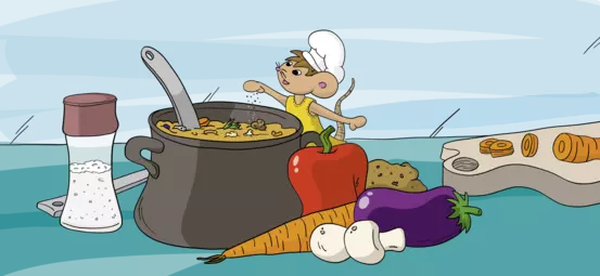 Zeichentrickgrafik mit Lisa der Maus beim Kochen