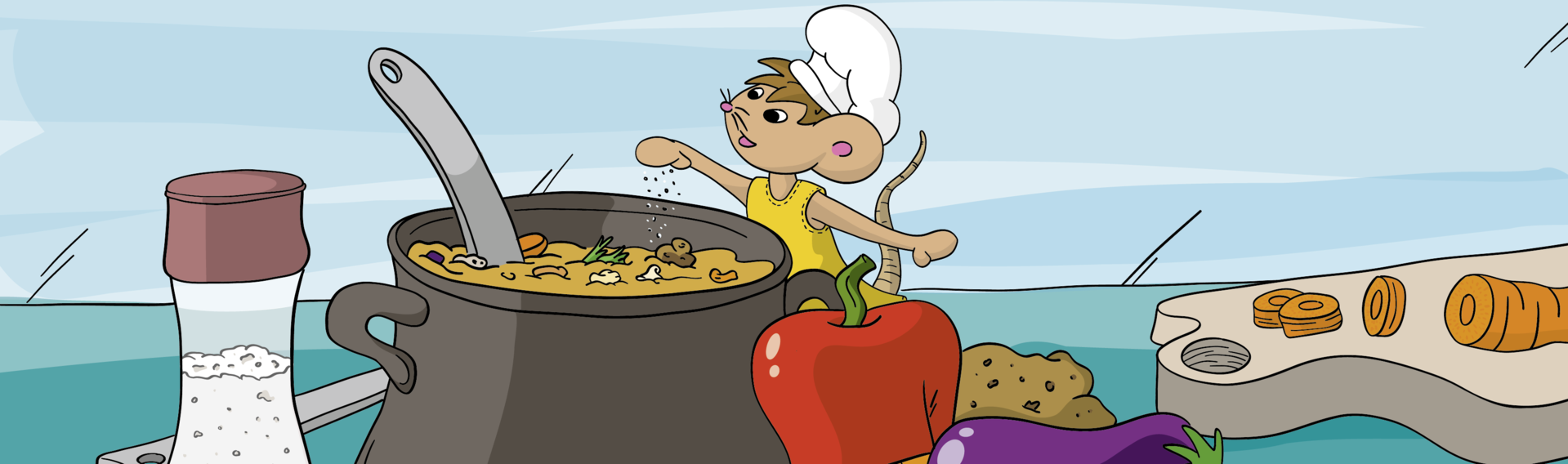 Zeichentrickgrafik mit Lisa der Maus beim Kochen