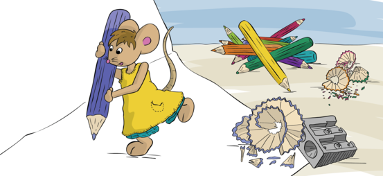 Zeichentrickgrafik mit Lisa der Maus, die einen großen angespitzen Bleistift in der Hand hält zum Zeichnen