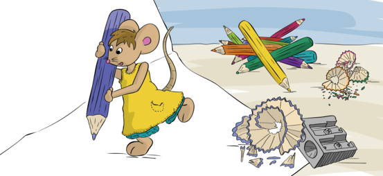 Malen mit Lisa Zeichentrickgrafik mit Lisa der Maus, die einen großen angespitzen Bleistift in der Hand hält zum Zeichnen