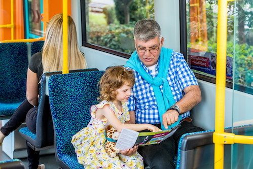 [Translate to English:] Senior und Kind machen einen Ausflug in den Zoo mit der Bahn