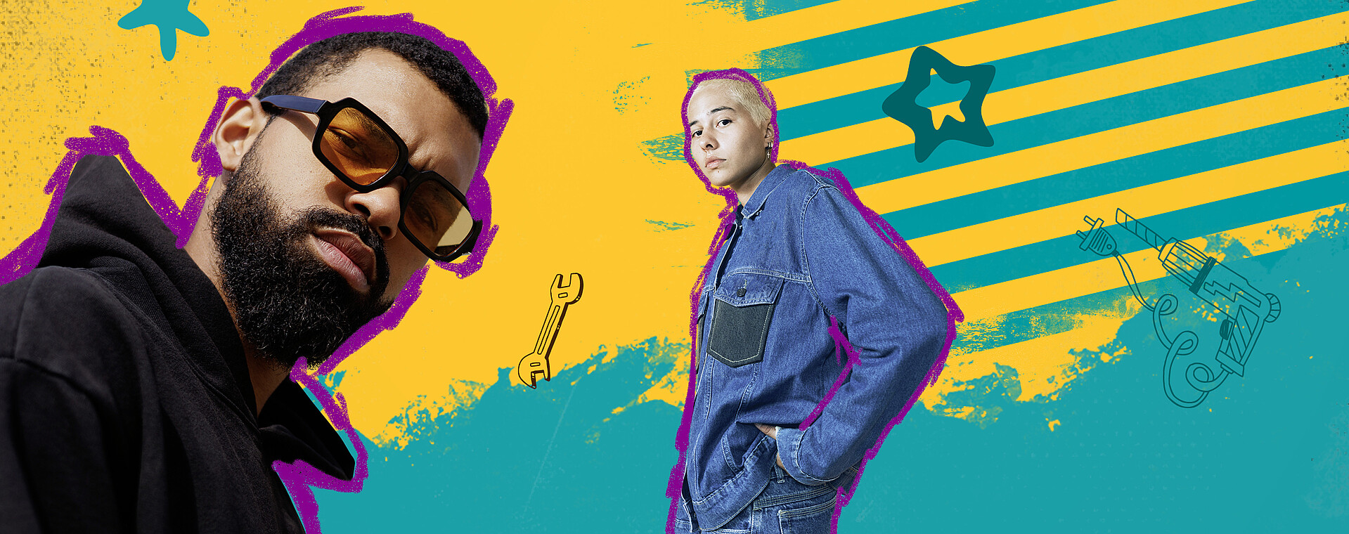 Eine junge Frau und ein junger Mann vor einem modern gestalteten Hintergrund in VGF-Farben.