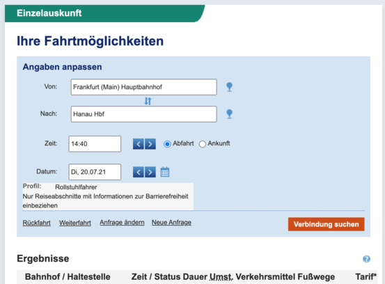 Screenshot einer Suche auf der VGF-Website zum barrierefreiem Reisen