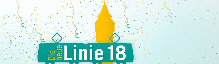 Grafik zur Linie 18 mit gelber Grafik im Hintergrund und grün-gelbem Konfetti