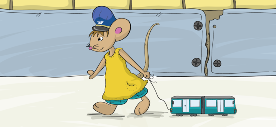 Zeichentrickgrafik mit Lisa der Maus, die ein VGF-Spielzeug mit sich zieht zum Spielen