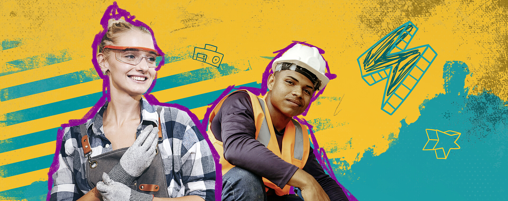 Eine junge Frau und ein junger Mann vor einem modern gestalteten Hintergrund in VGF-Farben. 