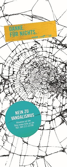 Bild kaputte Glasscheibe mit Hinweis Danke für nichts und nein zu Vandalismus