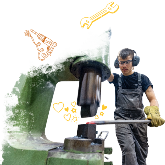 Eine junger Mann vor einem modern gestalteten Hintergrund in VGF-Farben bdient eine Maschine zur Metallbearbeitung.