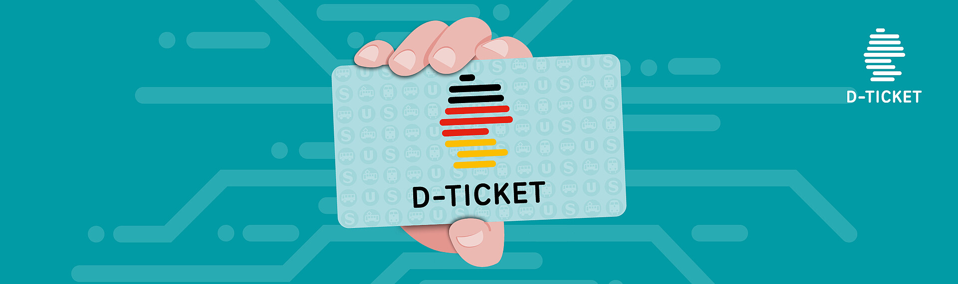 Grafische Hand mit dem Deutschland-Ticket in der Hand