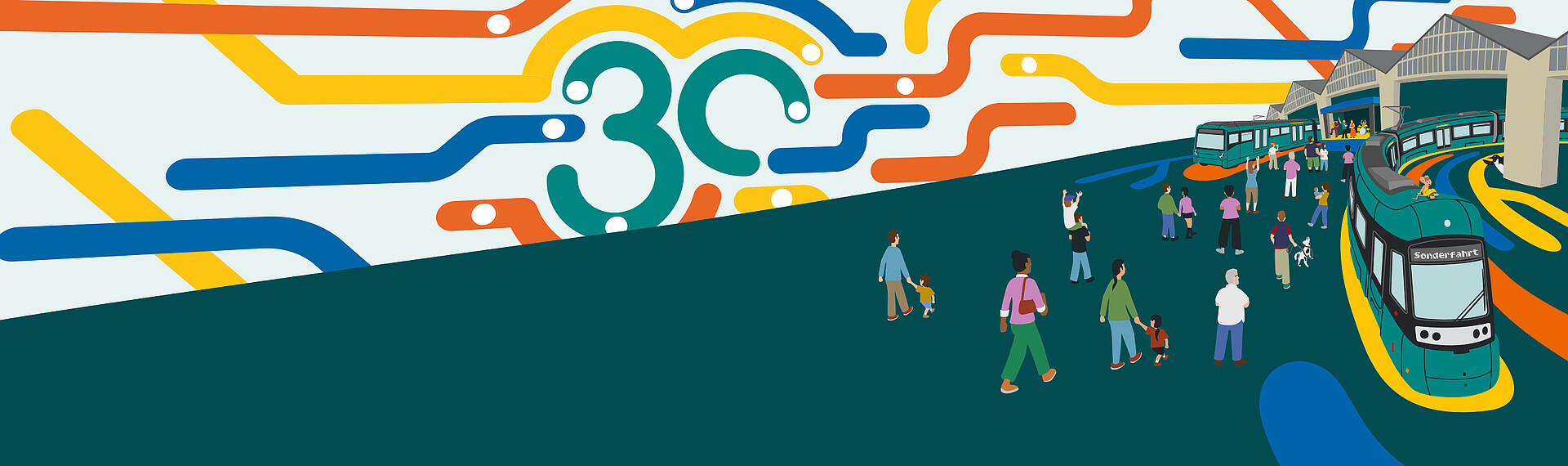 Die Grafik zeigt ein buntes Plakat mit Menschen und einer Bahn zur Jubiläumsfeier 30 Jahre VGF