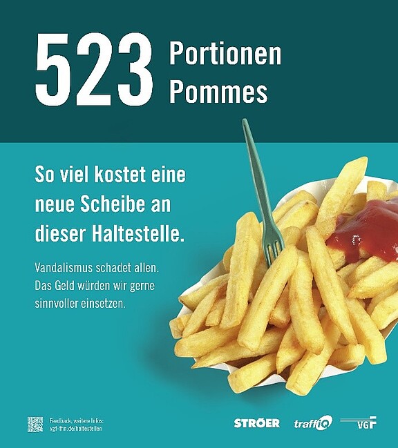 Bild mit einer Portion Pommes und Text 523 Portionen kostet eine neue Scheibe an der Haltestelle